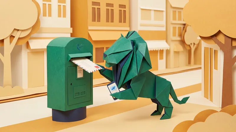 Paper-craft lion posting a registered letter into a Hongkong Post green mailbox while holding a phone showing a blue double-tick read receipt