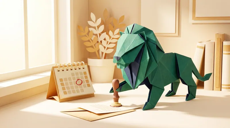 Paper-craft lion stamping a completed demand letter, next to a paper-craft calendar with the repayment deadline circled