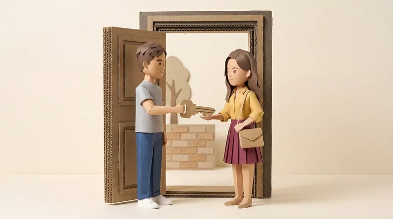 A cardboard-style casual young man character hands a folded-paper key to a smart-casual woman character, both standing together in a cardboard doorway