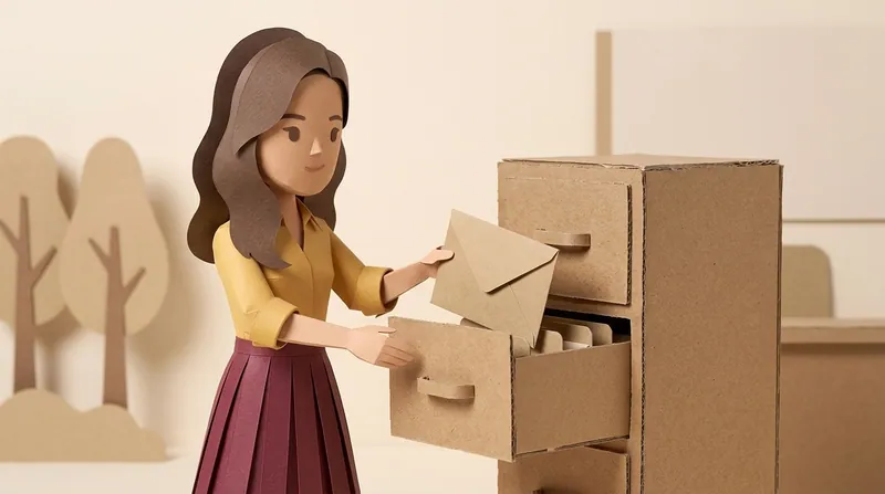 A cardboard-style smart-casual woman character alone, placing a sealed paper envelope into an open drawer of a small cardboard filing cabinet