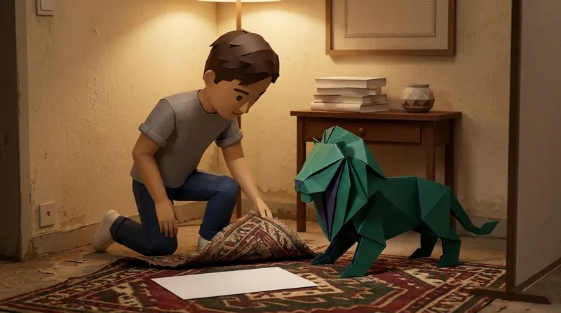 A cardboard-style man kneels on the floor lifting the corner of a worn carpet, a blank sheet of paper on the ground, with the green paper-craft lion standing beside him watching