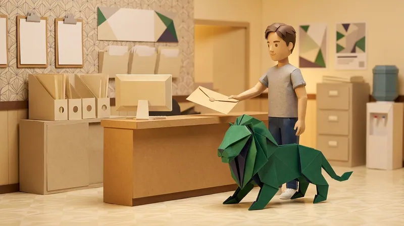 A cardboard-style man at an office counter hands over a blank envelope, with a blank clipboard hanging on the wall behind him and the green paper-craft lion standing on all fours beside him