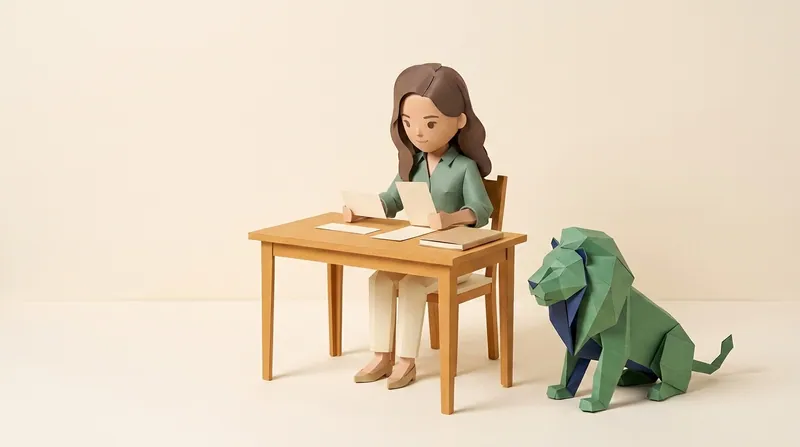 A cardboard-style woman sitting at a desk comparing two blank paper cards, a green origami paper lion seated on all fours beside her chair, watching