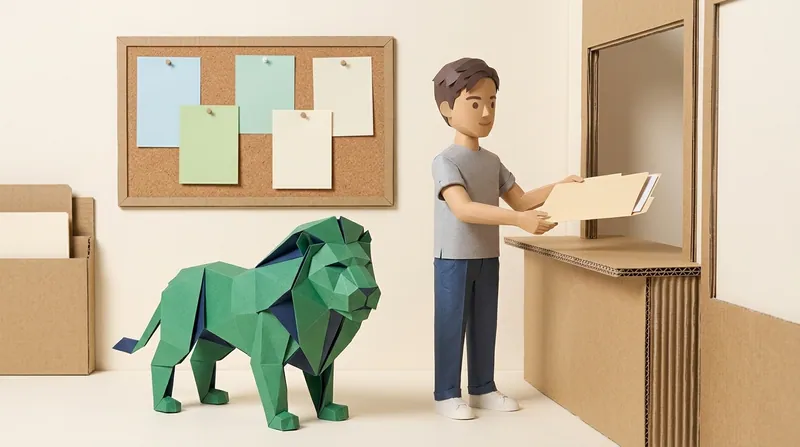 A cardboard-style man handing over a blank paper folder at a Small Claims Tribunal registry counter, a green origami paper lion standing on all fours beside him, a noticeboard with blank cards pinned to the wall behind them