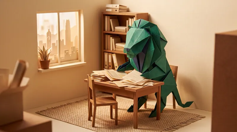 A paper-craft lion sitting alone at a home desk, sorting printed contracts, receipts, and message records into neat stacks