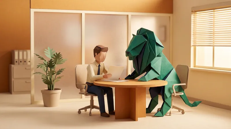 A paper-craft lion and a consultant sitting across a table reviewing a claim form together, the consultant pointing to a clause on the form