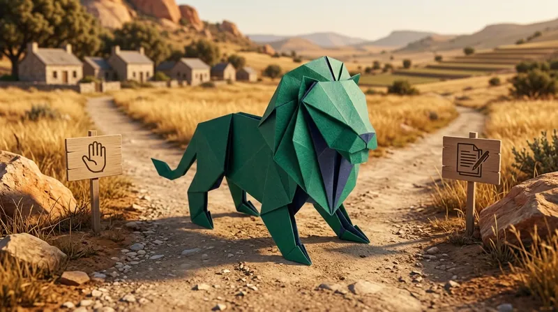 A paper-craft lion standing at a fork in the road — one path leads to a desk with forms and a pen, the other to a warm light where someone is waiting to help