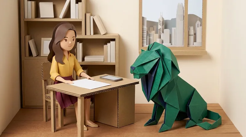 A cardboard-style woman (charv2-b) at a home desk reviewing a blank domestic helper agency service agreement, a phone with a blank screen on the desk beside it, a green paper-craft lion crouching beside the desk watching the document