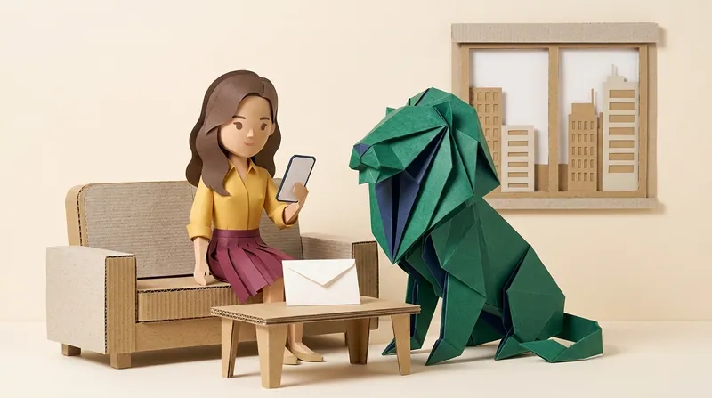 A cardboard-style woman (charv2-b) sitting on a home sofa looking at a phone with a blank chat screen, an unopened blank letter on the table in front of her, a green paper-craft lion sitting beside the sofa watching the phone
