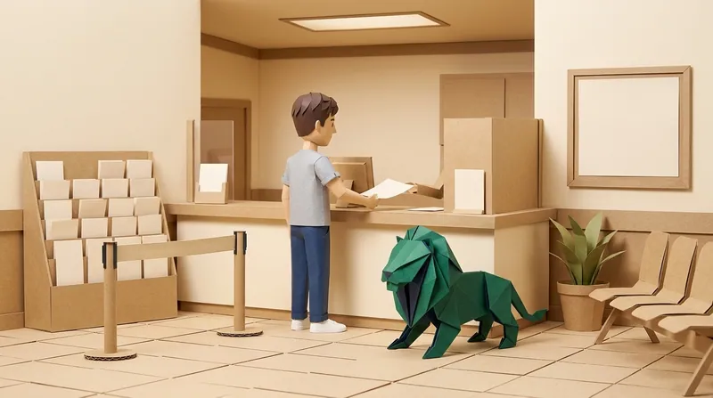 A cardboard-style man in a grey top and navy trousers handing over a sheet of white paper at a public service counter, a green paper-craft lion standing on all fours beside him, waiting chairs nearby