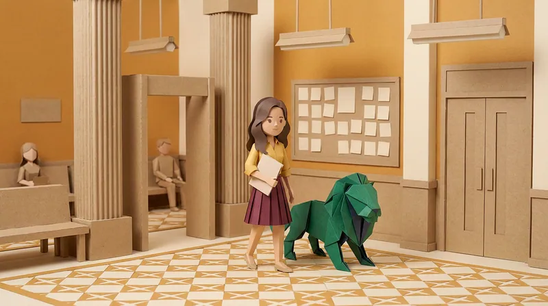 A cardboard-style woman in a yellow blouse and burgundy pleated skirt carrying a pale folder while walking through a colonnaded lobby, a green paper-craft lion walking alongside her