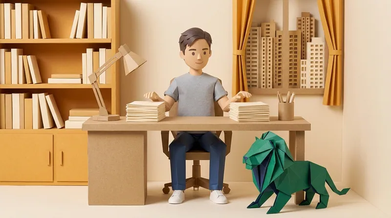 A cardboard-style man in a grey top and navy trousers sitting at a wooden desk in a study, both hands resting on two stacked piles of blank white paper, a green paper-craft lion standing on all fours on the floor beside the desk