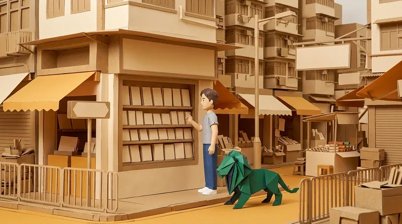 A cardboard-style man in a grey top and blue trousers standing outside a tong-lau shopfront, pointing at a row of blank paper signs in the window, a green paper-craft lion standing on all fours beside his feet
