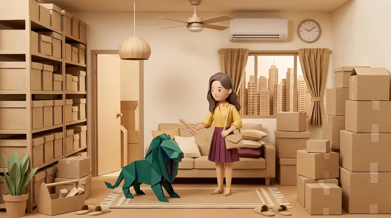 A cardboard-style woman in a living room surrounded by moving boxes, holding a large paper key, a green paper-craft lion standing on all fours on the rug in front of her