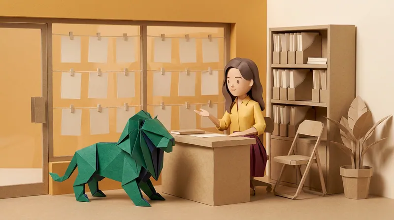 A cardboard-style woman in a yellow blouse and burgundy skirt sitting behind an estate agency counter, gesturing while explaining, a green paper-craft lion standing on all fours beside the counter, a row of blank paper signs hanging in the shopfront window