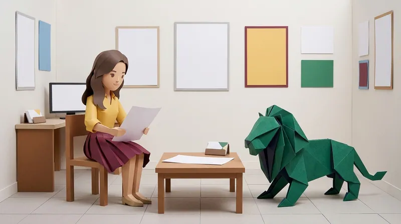 A paper-craft scene of a woman seated in an office reading a blank sheet of paper, with a blank computer screen beside her and several plain blank picture frames on the wall, while a green and navy origami lion stands on the floor in front of her looking up at her.