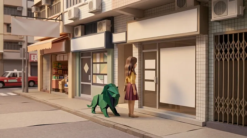 A paper-craft scene of a woman standing outside a shopfront looking at a blank notice on the glass door, with a green and navy origami lion at her feet and old Hong Kong buildings and a passing red taxi behind her.