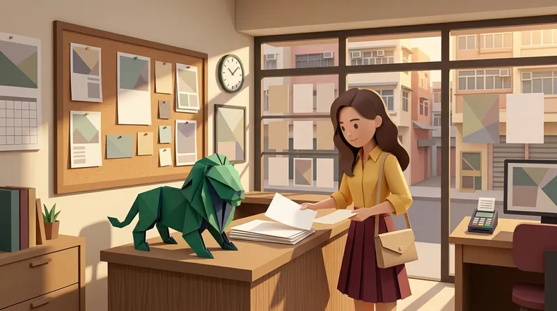 A cardboard paper-craft scene of a woman standing at an estate agency desk holding a stack of blank documents, with a green and navy origami lion on the desk beside her, a cork board of blank listing cards and a plain clock on the wall, and old Hong Kong tenement buildings visible through the window.