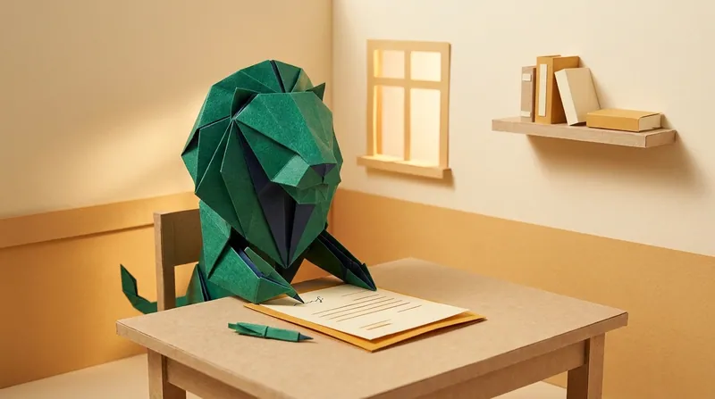 Paper-craft lion at a desk signing a witness statement laid out in numbered chronological paragraphs, pen in hand ready to sign