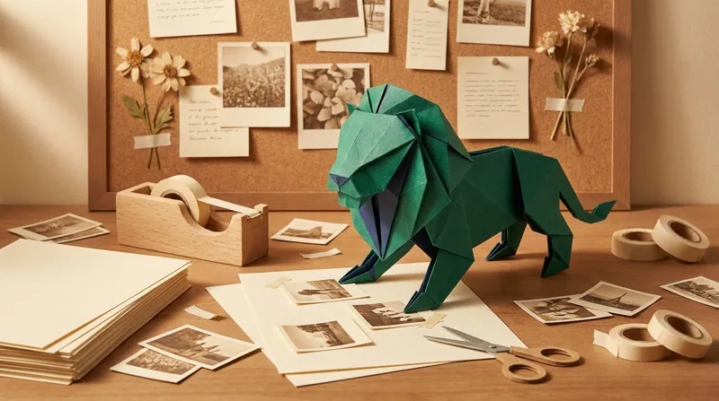 Paper-craft lion pasting photographs onto A4 paper and attaching page number labels, preparing to number each one