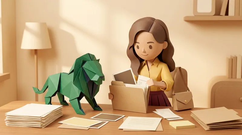 Paper-craft lion at a desk against an arched background, sorting photos, receipts, message screenshots, and documents into labelled boxes to organise as evidence