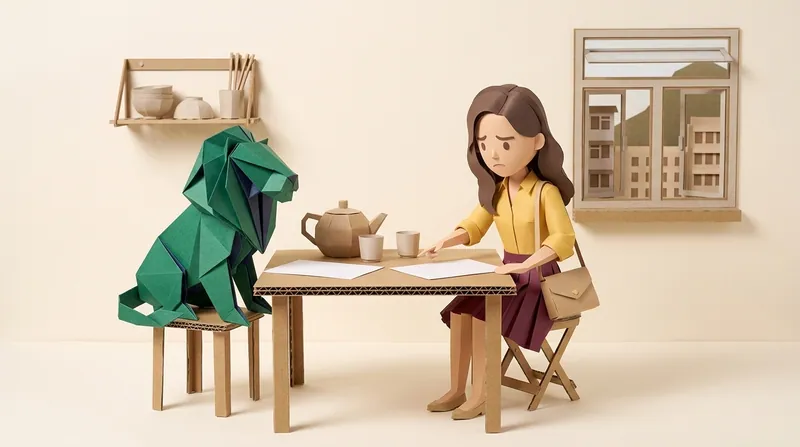 紙板風格插圖:一名女子(charv2-b)坐喺廚房餐枱,將兩張並排嘅空白文件互相對照——一份係原本嘅代理協議,一份係第二位代理嘅空白文件,面露疑慮,一隻綠色配深藍內摺嘅摺紙獅子坐喺枱上望住兩份文件,窗外可見香港住宅樓宇景觀