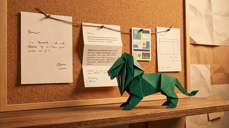 A paper-craft lion at a studio pinboard, arranging a quotation, email records, delivery thumbnails and an invoice into a chronological evidence timeline