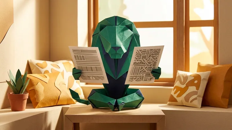 A paper-craft lion calmly holding up two documents side by side in sunlight by a window, comparing the originally agreed scope of services against what was actually delivered