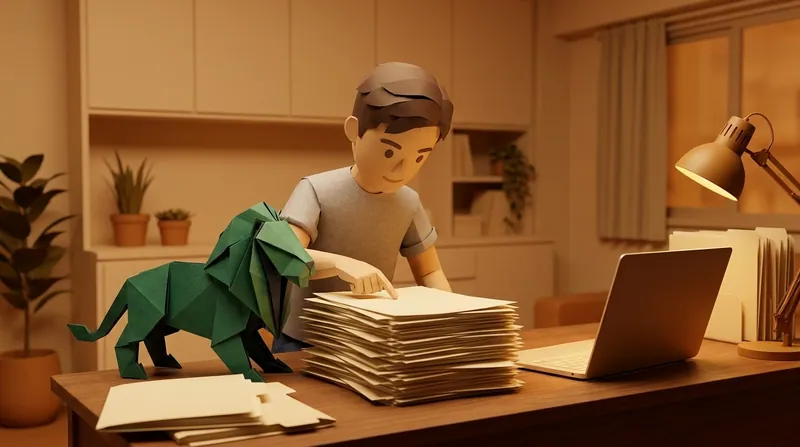 Paper-craft lion and the cardboard young man character at a home studio desk, going through a stack of unpaid invoices beside a laptop