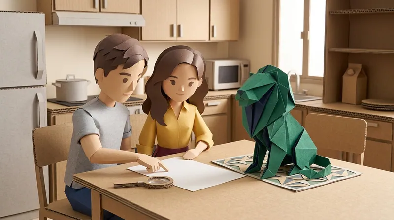 Cardboard-craft illustration: close-up of a man pointing at a specific clause partway down a blank tenancy document, a magnifying glass resting nearby, as if inspecting the fine print carefully before signing, a green origami cardboard lion with navy-blue interior folds seated attentively beside the document watching the same spot.