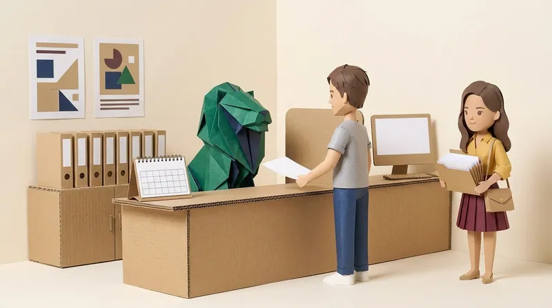 Cardboard-craft illustration: at a Small Claims Tribunal registry counter, a woman hands a blank claim form to a green origami cardboard lion with navy-blue interior folds acting as the clerk, a man waits to the side holding a folder of blank documents.