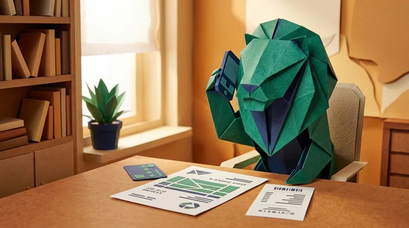 Papercraft-style lion sitting at a home desk, holding a phone to call the bank's hotline, with a credit card statement and payment receipt on the desk