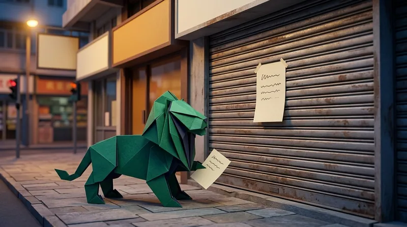 Papercraft-style lion outside a shuttered, closed-down beauty salon, holding a creditor registration form and looking at a closure notice posted on the shutter
