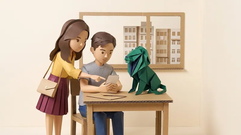 A paper-craft scene of a woman leaning over a seated young man as she points at the phone he holds, with a blank envelope on the cardboard desk, a green and navy origami lion sitting on the desk, and paper apartment blocks in the window behind.