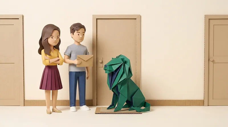 A paper-craft scene in a corridor of cardboard doors where a frowning woman with folded arms stands beside a young man holding a blank envelope, and a green and navy origami lion sits on the doormat in front of the middle door.
