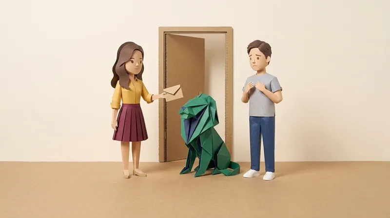 A paper-craft scene of a woman in a yellow blouse and burgundy skirt holding out a blank envelope to a worried young man in a grey t-shirt, with a green and navy origami lion sitting between them in front of an open cardboard door.