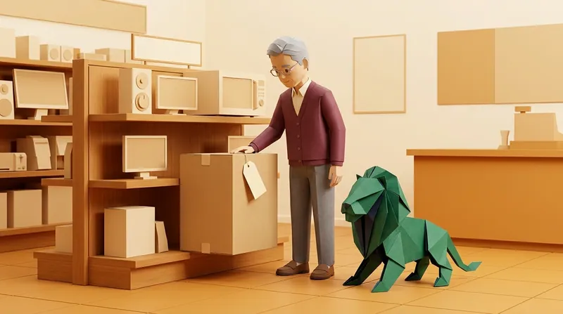 Papercraft-style illustration: a grey-haired, bespectacled elder stands at an electronics store shelf, one hand resting on a sealed cardboard box with a blank price tag, with a green-and-navy origami lion sitting beside them, shelves stocked with appliances and boxes in the background.