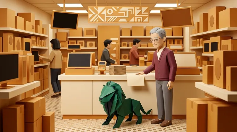 Papercraft-style illustration: a grey-haired, bespectacled elder stands at an electronics store checkout counter handing over a blank receipt, with a green-and-navy origami lion standing beside them on the floor, shelves and other customers and staff visible in the background, a geometric-patterned sign hanging from the ceiling.