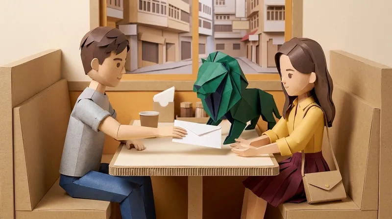 A paper-craft young man in a Hong Kong cha chaan teng booth handing a sealed white envelope to a paper-craft woman across the table, with a green origami lion standing on the table between them