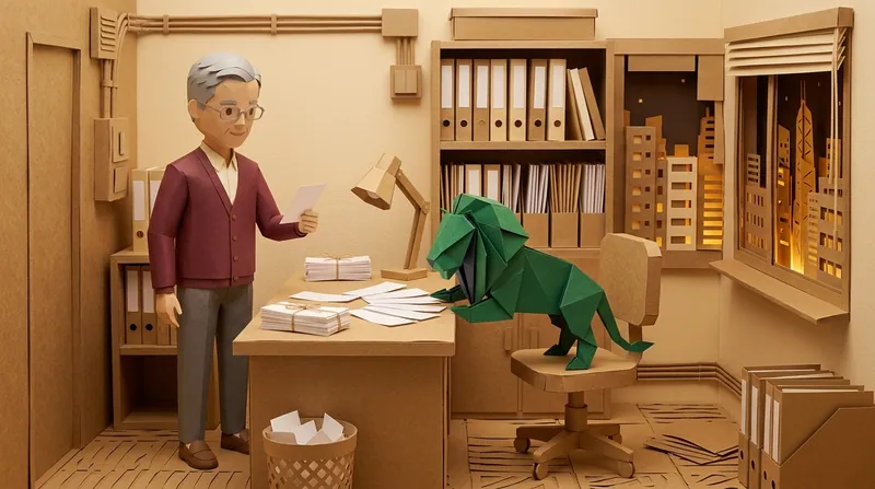 A late-night home study in Hong Kong, a paper-craft elderly man holding a blank slip of paper, more blank paper spread across the desk, a green origami lion standing on the office chair beside him