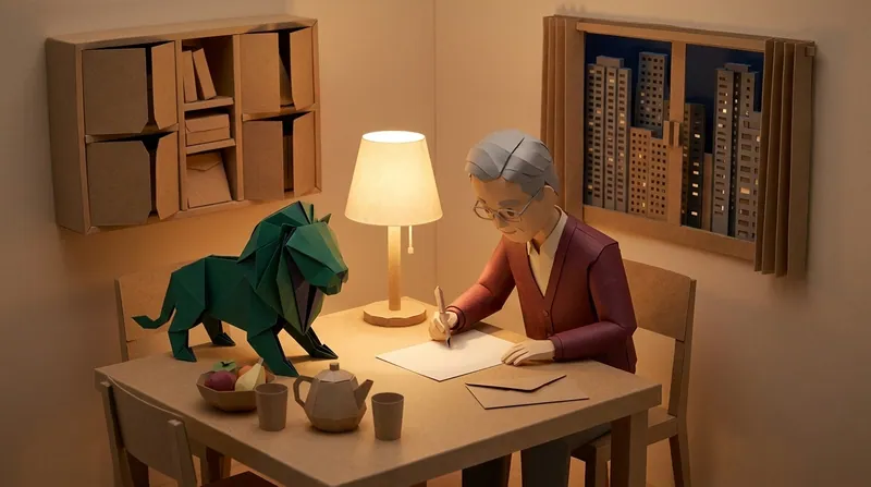 A cardboard-style elderly man leaning over a blank sheet of paper at a Hong Kong dinner table at night, pen in hand, paper-craft lion standing on the same table beside a teapot and a fruit bowl