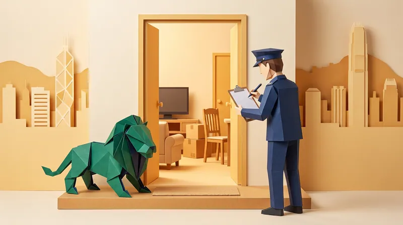 A paper-craft lion accompanying a bailiff outside a residential unit's door, holding a list recording household items available for seizure