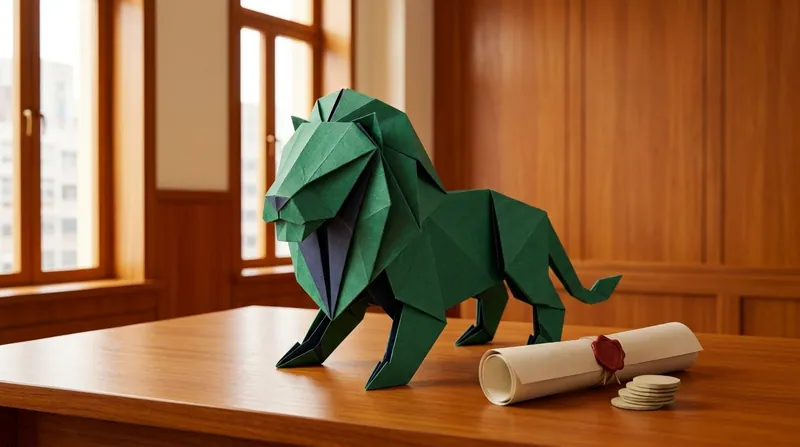 A paper-craft lion standing tall to hoist a wax-sealed writ of seizure, beside paper-craft gold coins and banknotes representing recovered money