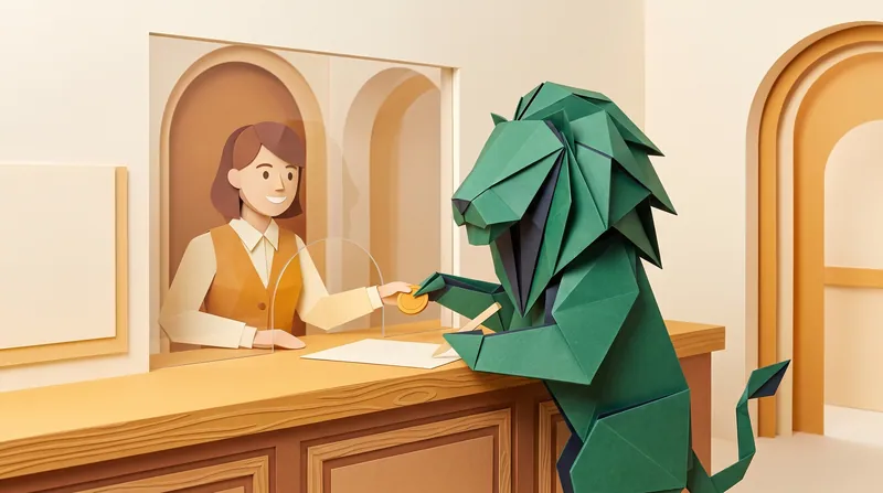 A paper-craft lion filling in an application form at the Tribunal Registry counter and paying the filing fee to apply for a writ of seizure