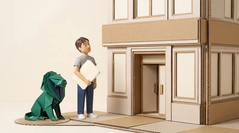 紙板風格租客企喺一間通用香港銀行分行門口,胸前抱住一疊留白文件,抬頭望住入口,綠色紙雕獅子坐喺人行道佢身邊