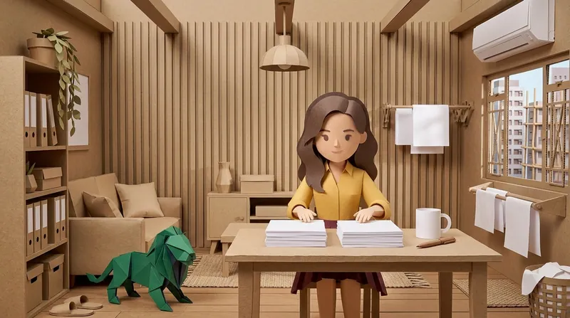 Paper-craft scene: a woman in a yellow shirt and burgundy skirt sitting at a desk with both hands resting on a stack of white paper, the green origami lion standing on the floor beside her, a shelf of folders and a window in the room