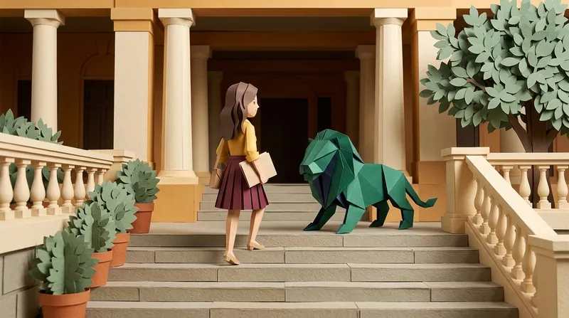 Paper-craft woman holding a blank folder, walking up the stone steps to the colonnaded entrance of a Hong Kong court building, stone balustrades and potted plants on either side, the green origami lion standing on the steps beside her