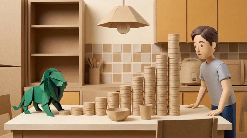 A cardboard-style man in a grey top and navy trousers, hands braced on a kitchen counter, looking at a row of paper coin stacks rising from short to tall, a green origami lion standing on the counter