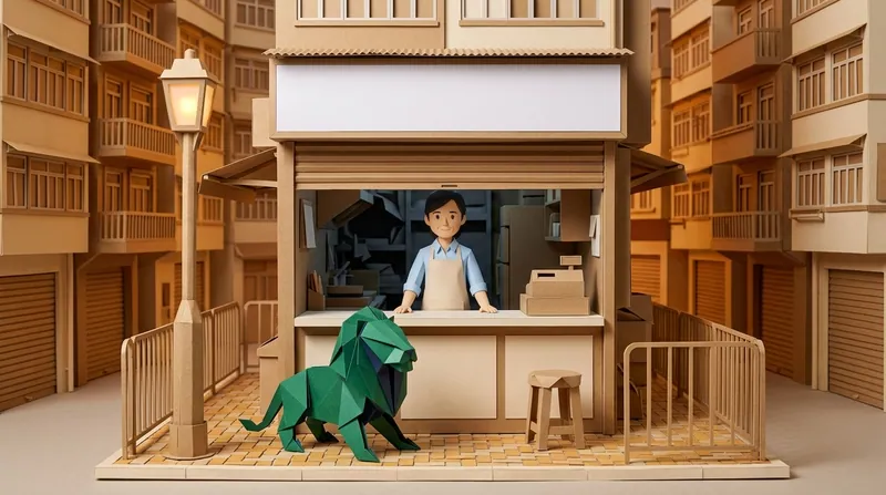 A cardboard-style shopkeeper in a light blue shirt and beige apron, hands resting on a street-level shop counter with a paper cash register on it, a green origami lion standing on the pavement outside the doorway
