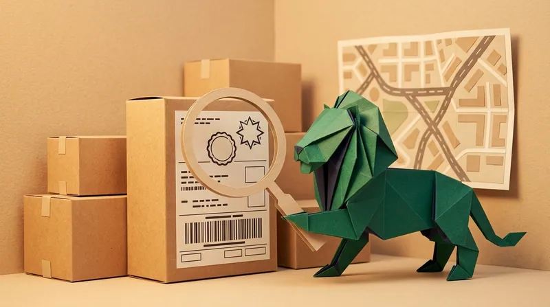 Papercraft-style lion holding a magnifying glass to examine a parcel's shipping label, comparing the different postmark patterns of local versus overseas stamps